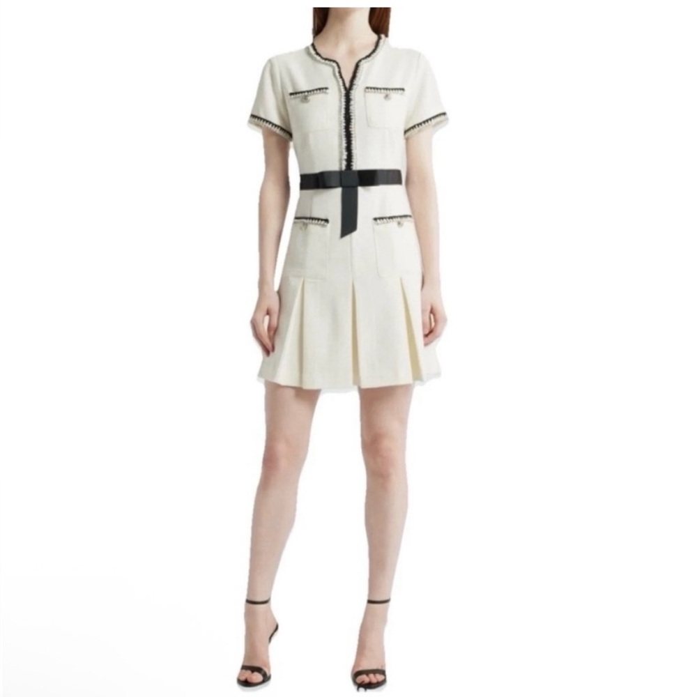 TAHARI ASL Women's Pleated Fit & Flare Ivory Tweed Chain Link Trim Dress 12 NWOT